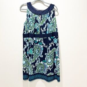 CATHERINES Women’s Navy Blue Green Paisley Print Dress Bejeweled Neckline Sz 2X